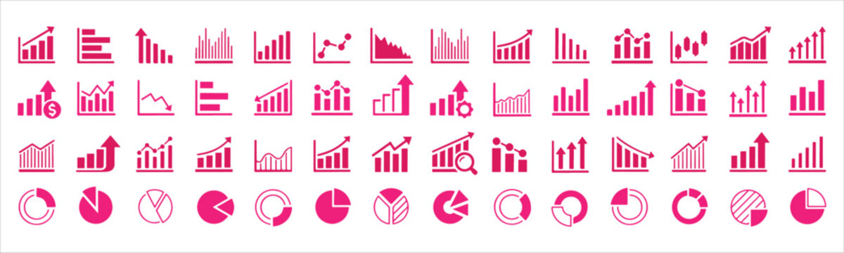 Growing bar icon set with business charts. Statistics, analytics, data, diagrams, money, increase and decrease arrows, vector illustration.