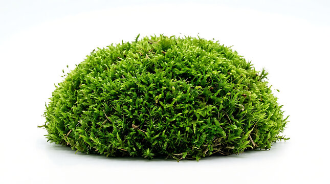 3d A small dome-shaped mound of vibrant green moss resting against a plain white background