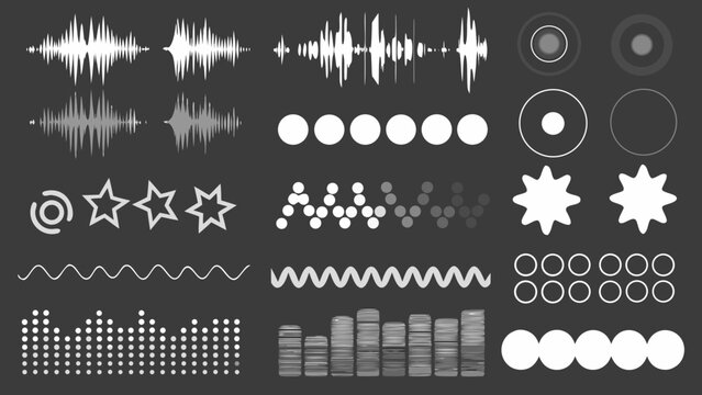 Collection Of Audio Waveform Graphics And Circular Dot Patterns On A Dark Background sound wave pattern frequency