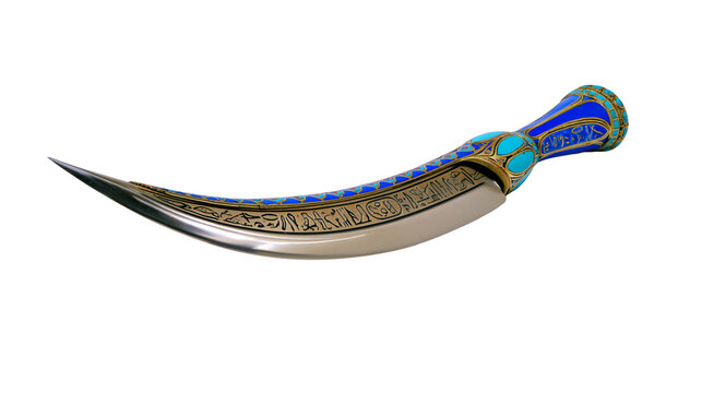 Ornate curved dagger with blue and turquoise enamel gold hieroglyphs, isolated on transparent background