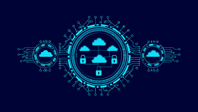 Circular network design featuring cloud symbols padlocks and connecting lines a vector illustration abstract background access algorithm azure