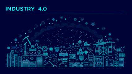 Industry 4 0 cityscape vector illustration with buildings gears and network connections in a dark blue scheme © Chapala