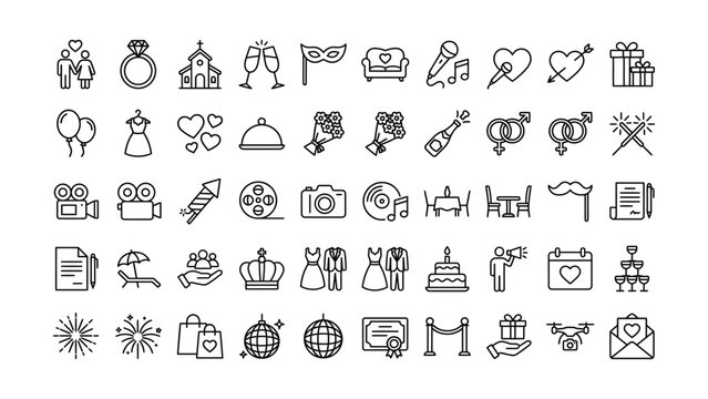 A modern collection of wedding celebration party and event line icons on a transparent background for design projects