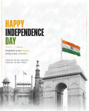 India Independence Day celebration with historic monument and national flag in festive design