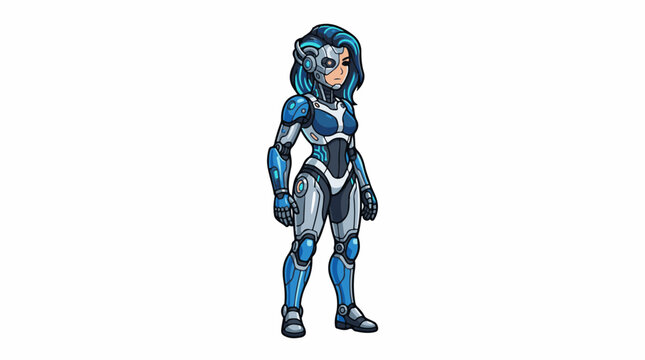 A female robot with blue hair and a metallic body