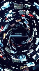 Fototapeta premium System rebooting message with progress bar on digital screen. Swirling tunnel of multimedia photos and video frames in virtual reality environment.