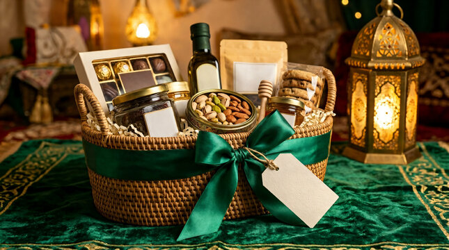 Eid gift hamper with green ribbon on table