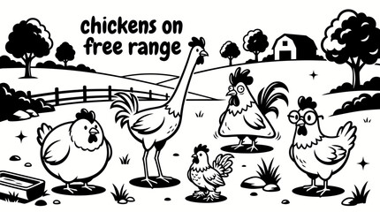 Obraz premium free range chickens roaming around a traditional poultry farm with wooden coops feeding stations fenced yards grassy fields and sustainable agricultural breeding facilities for commercial vector