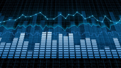 Obraz premium Blue line chart stock exchange market showing financial investment growth, business economy, digital cyberspace, global revenue strategy, and virtual performance analysis concept
