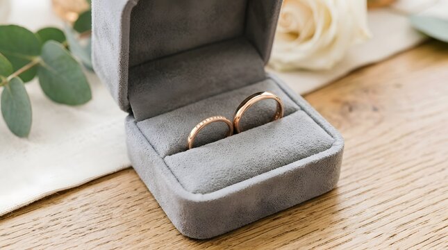 Elegant gold wedding rings in a velvet jewelry box on wooden table