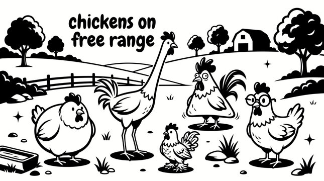 free range chickens roaming around a traditional poultry farm with wooden coops feeding stations fenced yards grassy fields and sustainable agricultural breeding facilities for commercial vector
