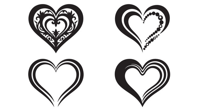 Decorative black heart vector set, ornate filigree heart silhouettes, romantic tribal tattoo style heart icons for wedding and valentine design