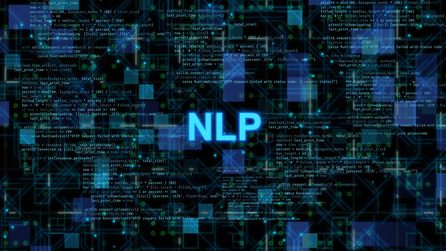 Natural language processing concept showing artificial intelligence text analysis, speech recognition, machine learning algorithm, and deep learning communication technology interface