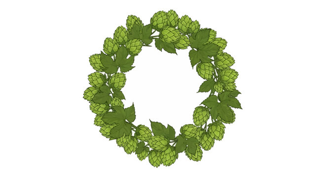Circular wreath composed of green brewing hop cones and serrated leaves, vector illustration design element for craft beer, brewery labels, and botanical frames on white background.