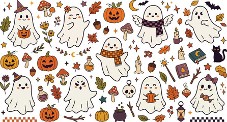 Fototapeta premium Cute hand drawn halloween pattern featuring friendly ghosts pumpkins autumn leaves and magical items isolated on a white background for design