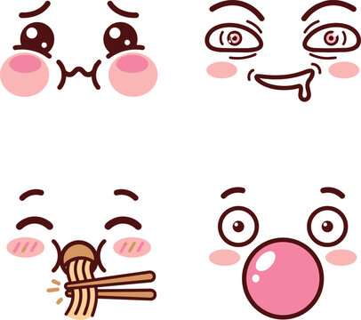 Kawaii Emoji Face Vector Set Slurping Noodles and Blowing Bubble Gum