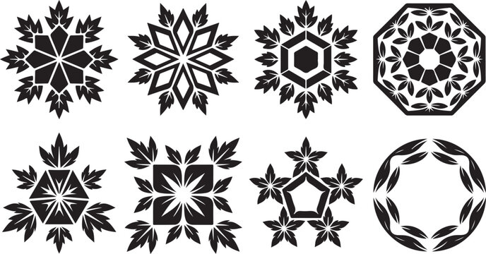 Decorative snowflake and maple leaf designs forming geometric symmetrical patterns abstractly.