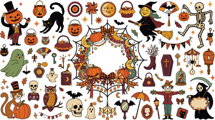 Fototapeta premium Set of vintage style halloween illustrations featuring pumpkins ghosts skeletons witches black cats and spooky elements on a white background design