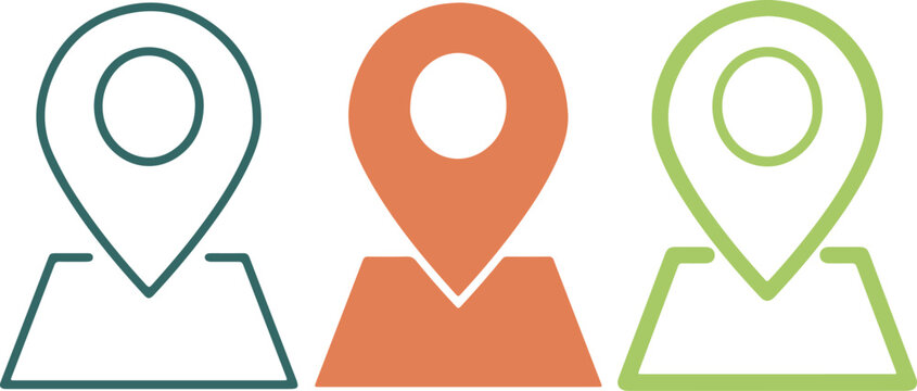 Set of three colorful location pin icons, map marker symbols, flat vector illustration design, handmade style graphic elements, isolated on white
