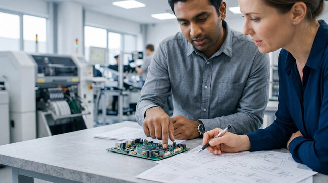 Engineers examining circuit board and schematics in electronics manufacturing facility for product development and quality control