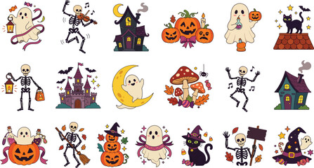 Fototapeta premium Set of cute halloween stickers featuring ghosts skeletons pumpkins haunted houses black cats and witch hats on a white background design