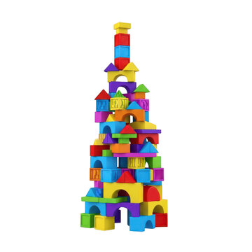 Tall tower made of colorful plastic building blocks for kids isolated on transparent background