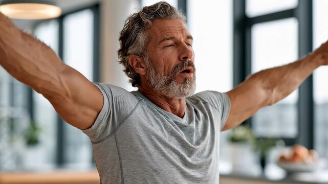 Medical video of a middle-aged man with ankylosing spondylitis performing gentle morning stretching exercises in a bright physiotherapy clinic.