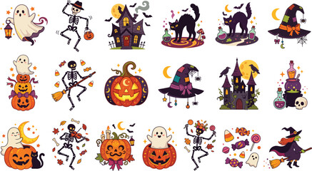 Fototapeta premium Set of colorful halloween stickers featuring cute ghosts skeletons pumpkins witches black cats and haunted houses for festive holiday party decorations
