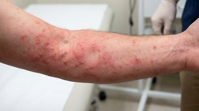 Severe eczema flare up on arm showing inflamed red skin with multiple small blisters and papules a doctor examines rash.