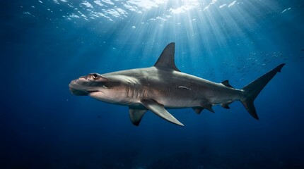 Naklejka premium Hammerhead shark swimming gracefully under sunlit ocean waters