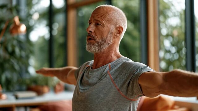 Medical video of a middle-aged man with ankylosing spondylitis performing gentle morning stretching exercises in a bright physiotherapy clinic.