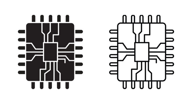 Black and white computer processor chip icons set for electronic hardware and technology design Vector