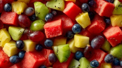Fototapeta premium Colorful Assortment of Fresh Fruits Including Watermelon, Pineapple, Blueberries, Kiwi, and Green Grapes for Healthy Eating and Refreshing Desserts