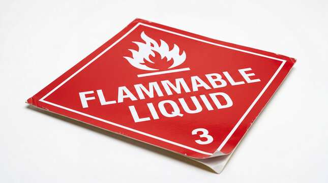 Red flammable liquid warning label with flame symbol and class 3 hazard designation for safety signage and industrial compliance use