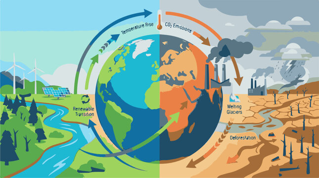 Earth split clean energy vs pollution temperature rise melting drought