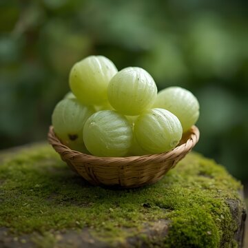 Fresh Indian Gooseberries (Nelli) in a Rustic Bamboo Basket