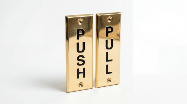 Gold push and pull door signs on white background for commercial signage design and wayfinding systems