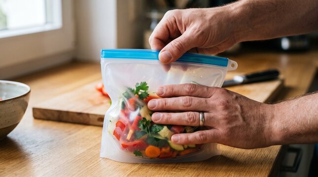 Hands sealing a reusable silicone bag filled with fresh chopped vegetables for storage or meal prep