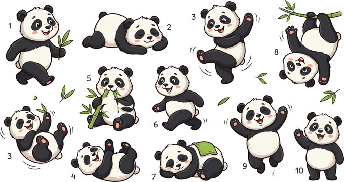 Cute Cartoon Giant Panda Character Set with Various Poses Eating Bamboo Sleeping Rolling and Dancing for Children Books Stickers and Graphic Designs