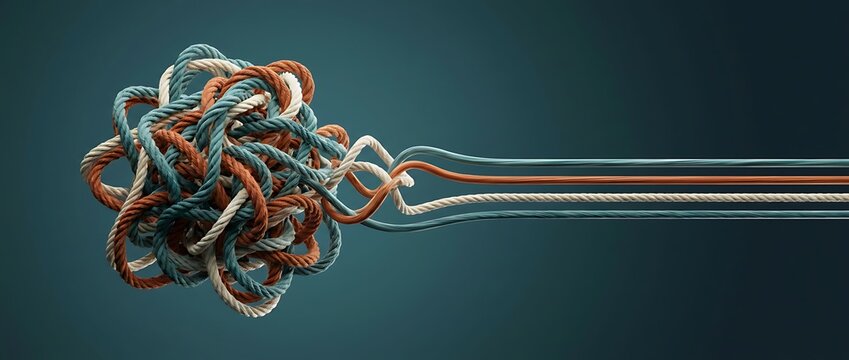 Tangled messy colorful ropes forming chaotic knot becoming organized straight lines extending outward signifying solution problem solving overcoming complexity and finding clarity.