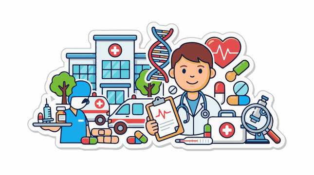 A cheerful doctor with medical icons represents healthcare services