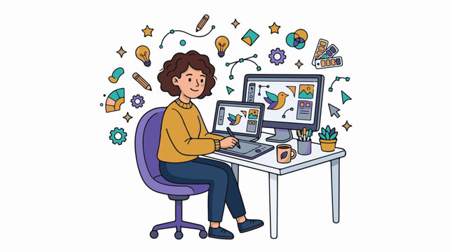 A cheerful person designs on a computer at a desk surrounded by creative icons