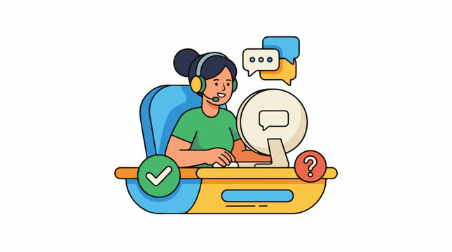 A cheerful person with a headset works on a computer offering assistance and communication