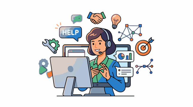 A cheerful person with a headset works at a computer surrounded by icons representing help ideas and data