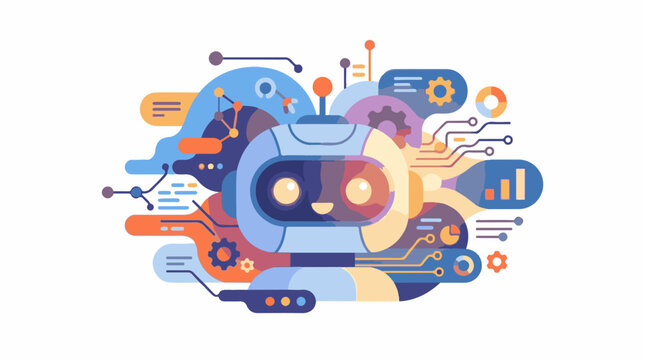 A cheerful robot with circuits and data visuals representing technology