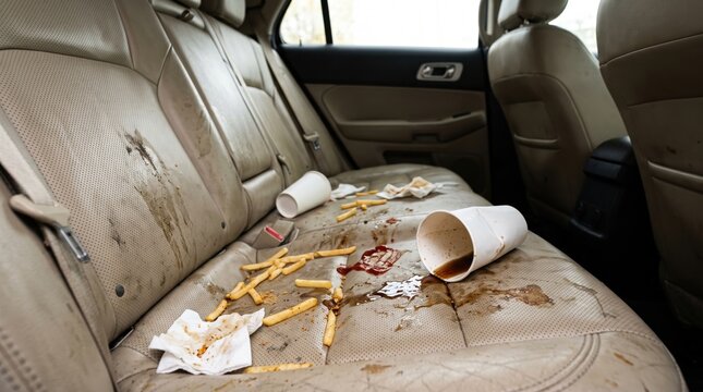 Dirty car interior with spilled drinks, french fries and food stains on the back seat. Vehicle cleaning, detailing, upholstery maintenance