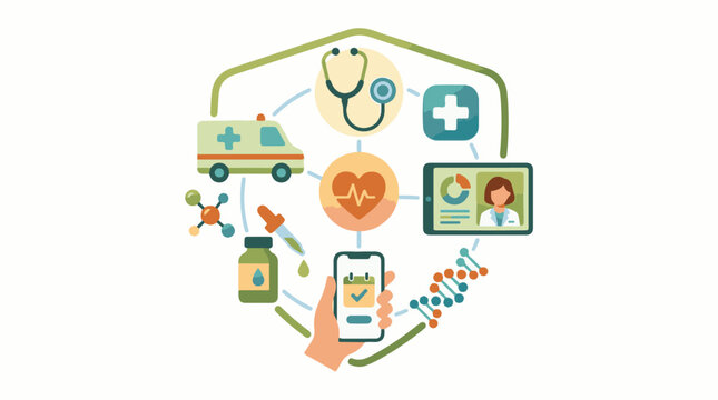 A circular diagram illustrating various aspects of modern healthcare