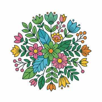 A circular floral arrangement with colorful stylized flowers and leaves