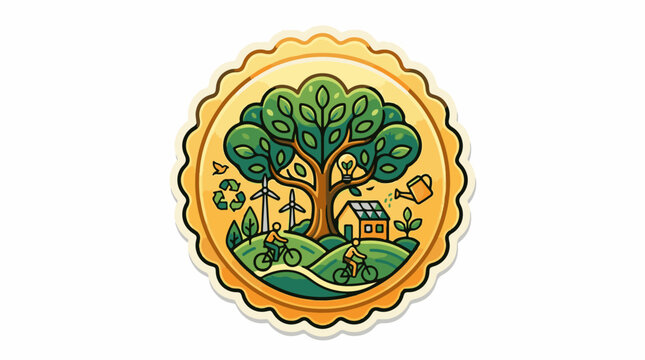 A circular emblem depicting a thriving green landscape with eco-friendly elements