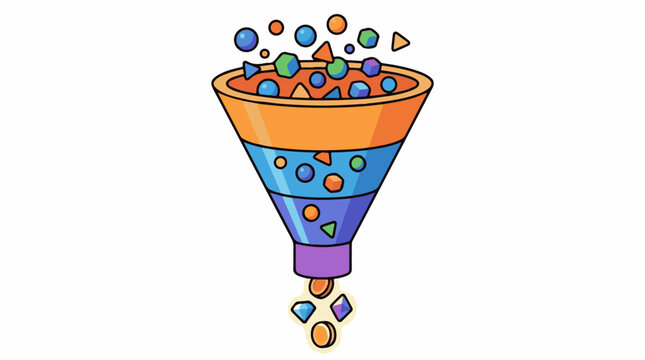 A colorful funnel processes various geometric shapes into gems and coins